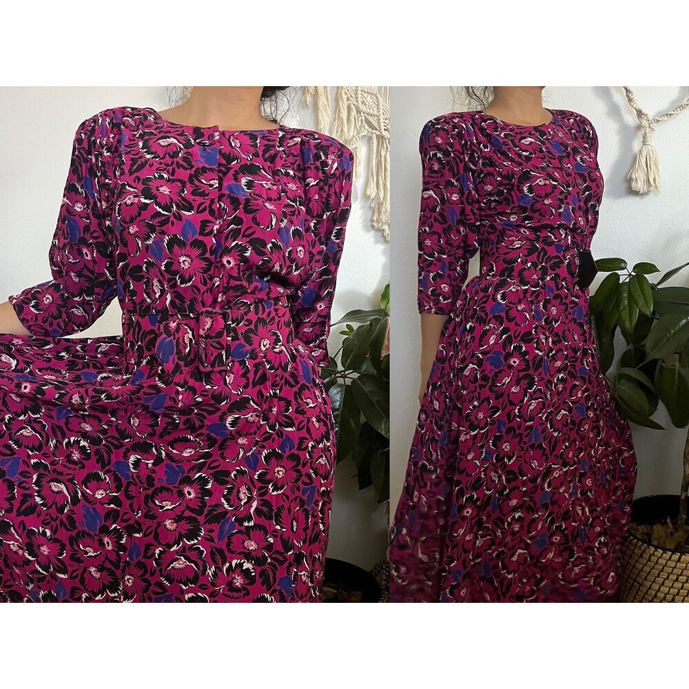 vtg 80s‎ Jody California pink blue floral midi dress belted swing skirt large